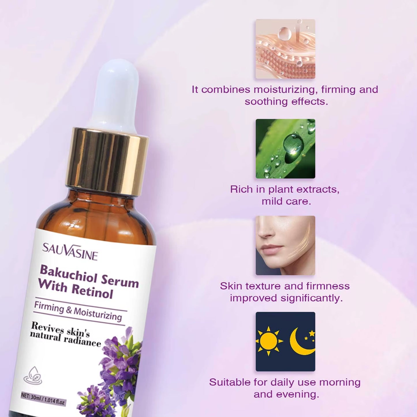 30ML Bakuchiol Serum with Retinol Skin Moisturizing & Firming Smooth Fine Lines Essence for Wrinkles Anti-Aging Serum for Women