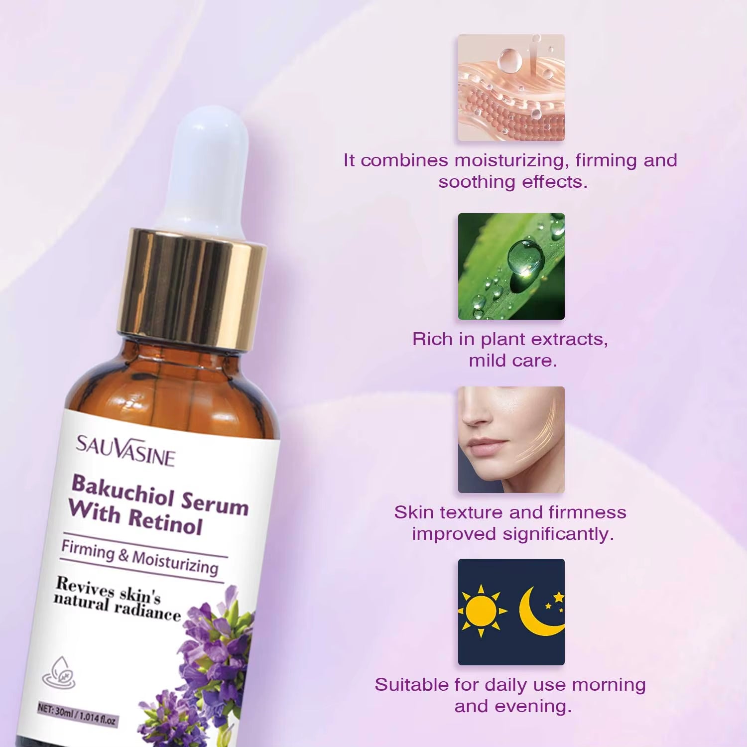 30ML Bakuchiol Serum with Retinol Skin Moisturizing & Firming Smooth Fine Lines Essence for Wrinkles Anti-Aging Serum for Women