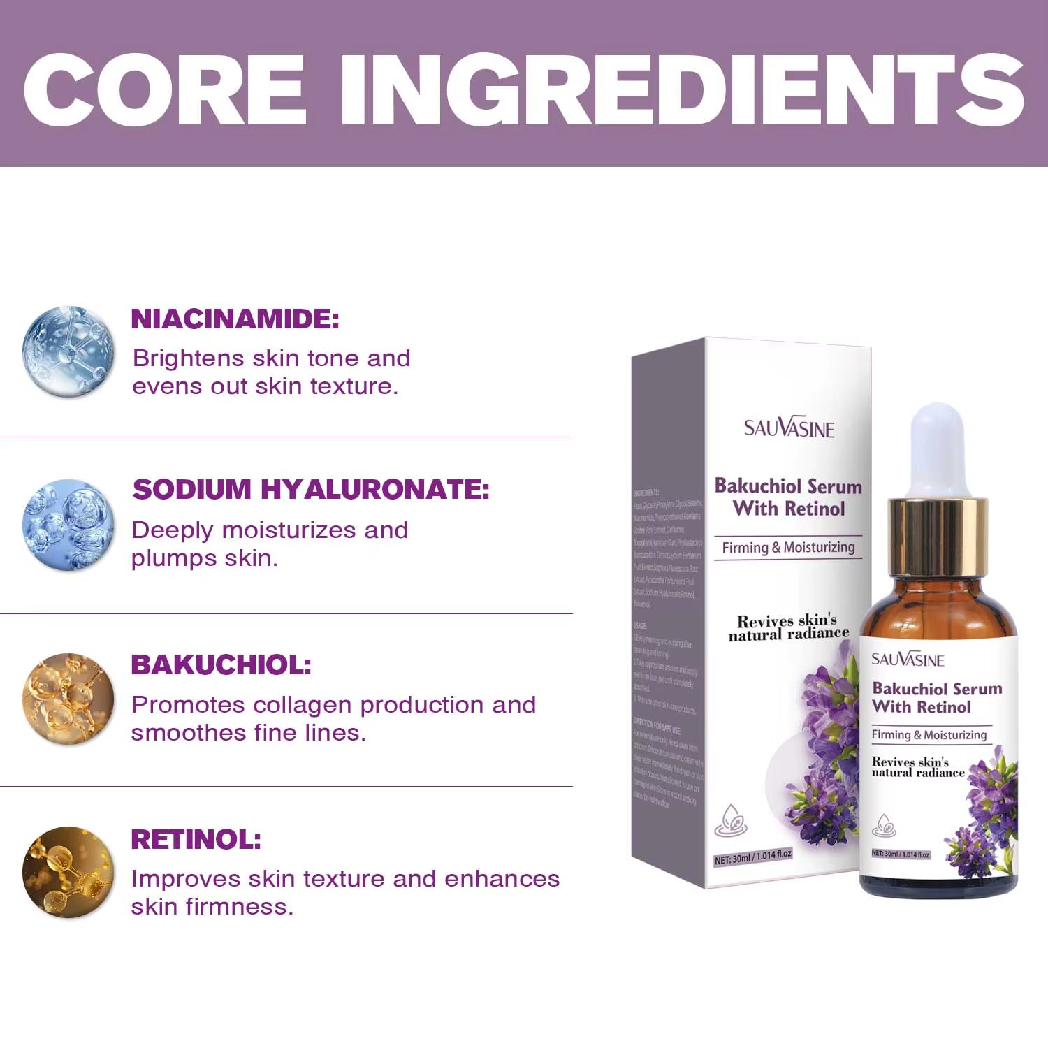 30ML Bakuchiol Serum with Retinol Skin Moisturizing & Firming Smooth Fine Lines Essence for Wrinkles Anti-Aging Serum for Women